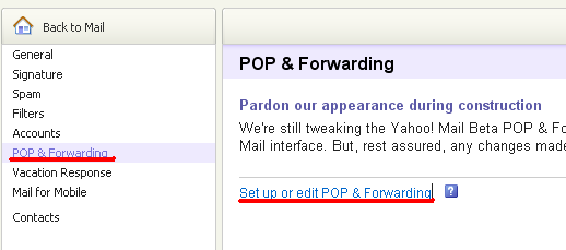 The Yahoo Mail POP Options settings screen